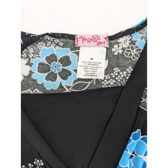 Fleurish Ladies Shirt Size M Ties In Back, Black, White & Turquoise Flower Print - Picture 4 of 5